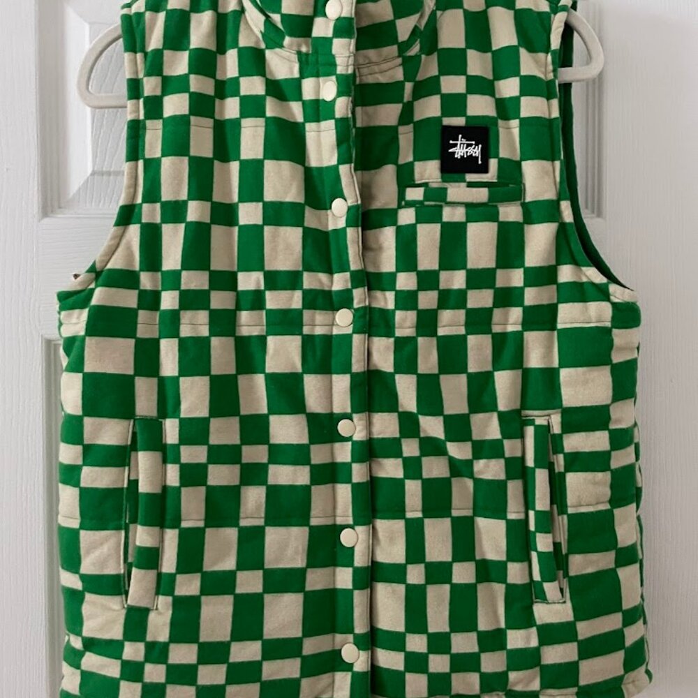 stussy sabi puffer checkered green vest women size m
